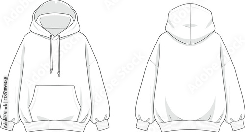 Technical fashion flat illustration of oversized hoodie sweatshirt with drawstring hood ribbed cuffs front back views