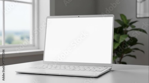 Modern White Laptop on a Minimalist Desk Near Window with Green Plant in Bright Office Setting