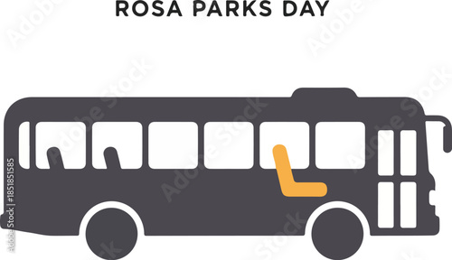 Graphic illustration of a dark gray bus with a single orange seat in a simple, flat style on Rosa Parks Day.