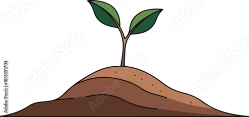 Flat illustration of a small plant sprouting from a mound of brown earth against a white background.