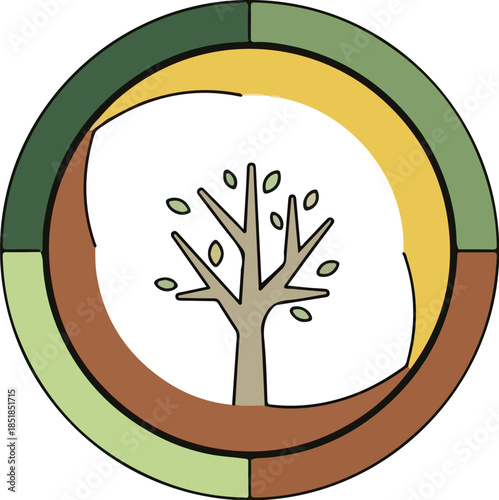 Illustration of a tree with falling leaves inside a circular graphic divided into colored sections on a white background.
