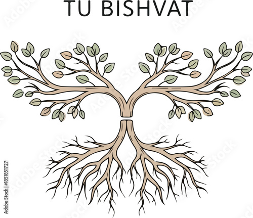 Illustration of a tree with two trunks and roots, green and brown leaves on branches against a white background.