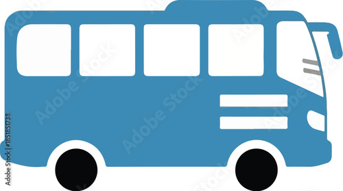 A blue bus icon with white windows on a plain white background, viewed from the side in a flat design style.