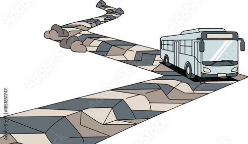 Illustration of a blue bus driving on a road made of geometric shapes in shades of gray, beige, and brown on a white background.