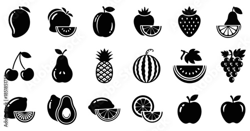 Set of black fruit icons including apple mango strawberry cherry pear pineapple and watermelon isolated on white background for healthy food