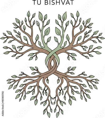 Illustration of a tree with intertwined branches and green leaves on a white background with Tu Bishvat text