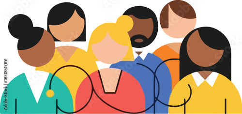 Illustration of diverse group of people standing together in a flat, colorful style against a white background.