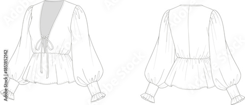 Women peplum blouse technical flat sketch with front and back views, tie neckline, puff sleeves, clean vector apparel illustration