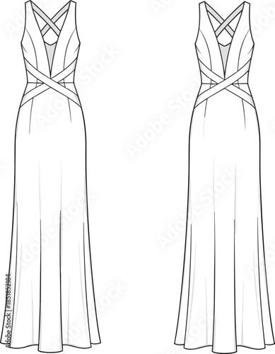 Women sleeveless cross front maxi dress fashion flat, front back technical drawing illustration