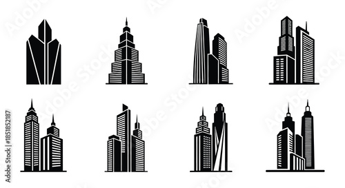 A collection of modern skyscraper silhouettes in a monochromatic style