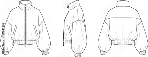 Zip up bomber jacket fashion flat sketch, front back side views, technical outerwear apparel design illustration