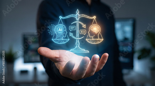AI vs human brain balance on scales in businessman hand, ethical artificial intelligence decision concept.