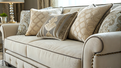 sofa and pillows, Close-up of modern sofa fabric with pillows, warm ambient light, home décor
