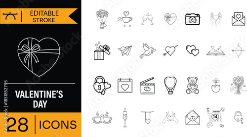 Valentine's day editable stroke line icons set with heart, gift and love symbols