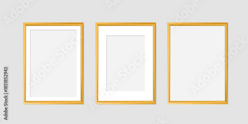 Realistic Gold Photo Frame collection isolated on white background. Realistic rectangle frames mockup for kid, family or memories. Scrapbook concept, poster,, galleries, interior decor, and branding. 