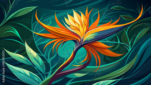 Very beautiful bird of paradise wallpaper featuring one large flowing flower in alcohol ink style, glowing softly against a dark greenish blue background with elegant artistic motion.