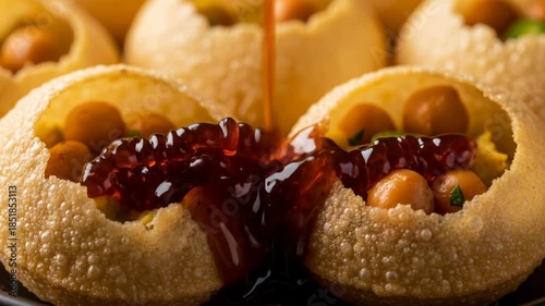 Close-Up of Delicious Indian Street Food Sweet Chutney Poured Over Crispy Pani Puri Shells, Authentic Culinary