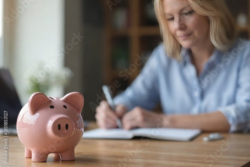 Pink piggy bank on a wooden desk in focus, with a woman in the background writing in a notebook at home, symbolizing personal finance, savings planning, budgeting, and financial independence.