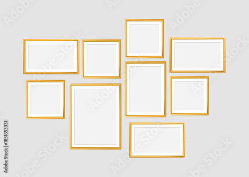 Set of gold modern frame isolated on white background. 3d Photo Frame for Kid, galleries, artwork, photography vector illustration mockup.