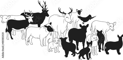 A group of deer and goats standing together in a black silhouette