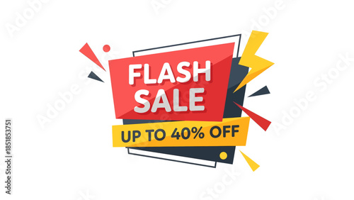 A vibrant graphic banner announcing a "FLASH SALE" with "UP TO 40% OFF", featuring dynamic shapes and a lightning bolt.