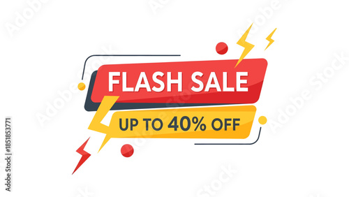 A vibrant graphic banner advertising a flash sale with up to 40% off, featuring red and yellow colors and lightning bolt icons.