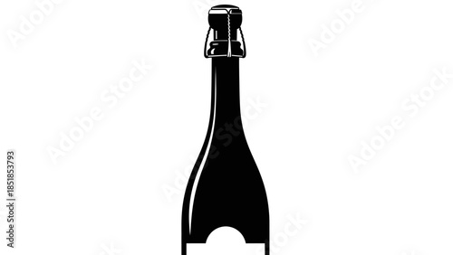 Elegant black silhouette of a champagne bottle with a classic wire cage cork, perfect for celebration designs.