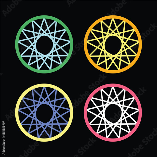 Vibrant geometric spoked wheel patterns in a 2x2 grid on a dark background