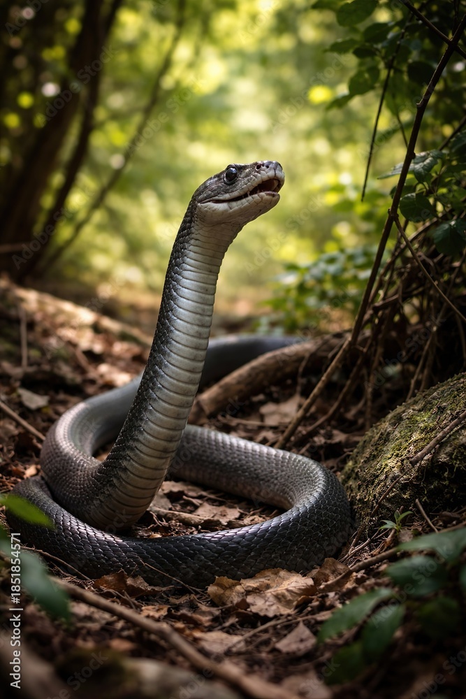 Fototapeta premium Black mamba venomous snake in defensive warning posture on forest path in African woodland, dangerous wild reptile with raised head showing threat behavior in natural habitat