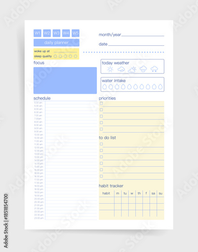 Daily planner template with sleep and water intake trackers, focus block, weather icons, priorities and to do list, schedule, weekly tabs, and habit tracker grid. Clean printable page.