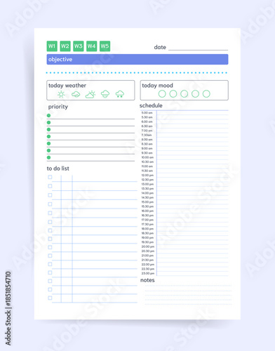 Weekly tab daily planner template with objective header, weather and mood tracker icons, priority list, checkbox to do list, schedule from 5am to 11pm, and notes. Clean vector page.
