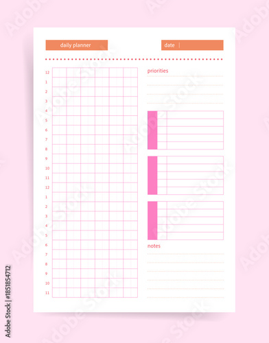 Daily planner page template with full-day time block grid, priorities section, three list panels for tasks projects or meals, and notes. Modern minimal vector printable organizer layout.