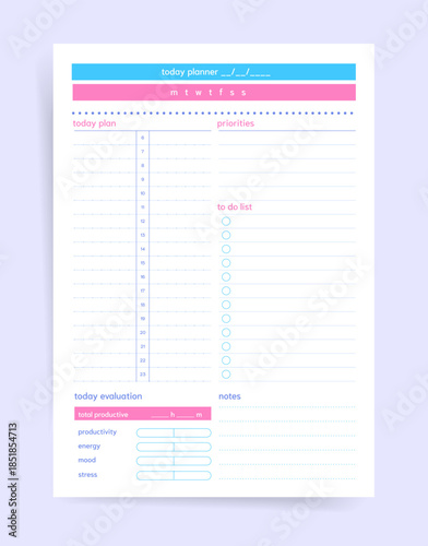 Minimal today planner template with hourly schedule 6-23, priorities and to do list, productivity mood energy stress evaluation bars and notes. Pastel clean vector printable page.