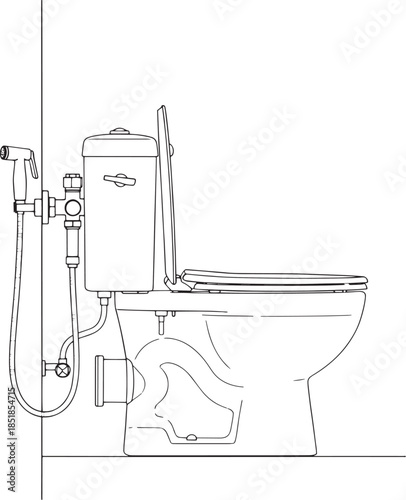 A modern toilet with bidet spray, illustrating innovation and hygienic design, against a simple wall.