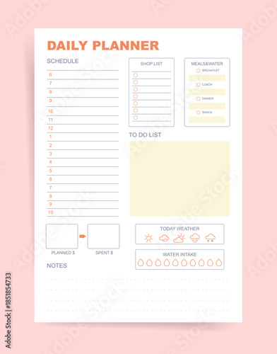 Daily planner template with hourly schedule, shop list checklist, meals and water tracker, planned vs spent budget, weather icons and notes. Minimal vector printable organizer page.