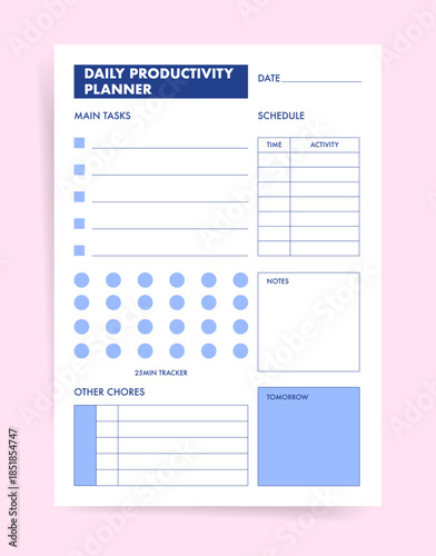 Daily productivity planner template with main tasks checklist, time and activity schedule table, tracker dots, other chores list, notes and tomorrow plan. Clean printable vector page.
