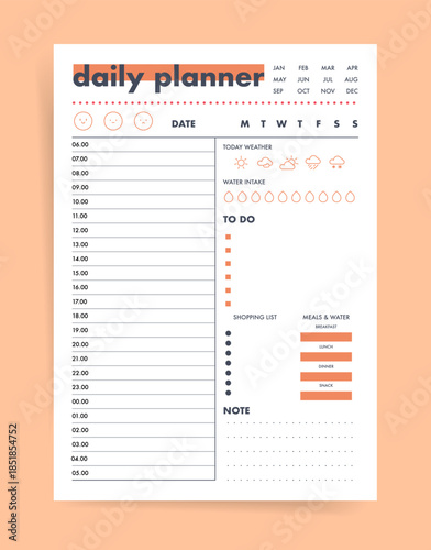Daily planner template with 24 hour timetable, to do list, shopping list, meals and water tracker, weather icons and month strip. Minimal orange vector printable page.