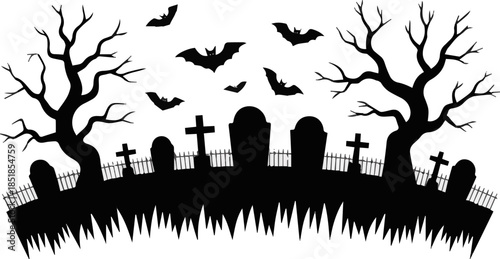 Isolated a black silhouette of a scary cemetery landscape with graves, crooked trees and flying bats - halloween themed seamless panorama vector art with white background.