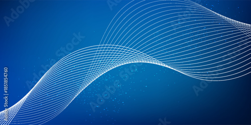 Glowing wave lines on dark blue background. Dynamic patterns and modern flowing lines create a futuristic technology concept.
