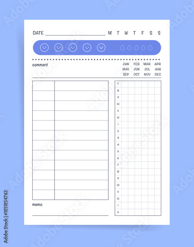 Daily mood tracker planner template with emoji rating bar and water intake drops, comment line, months and year overview, task table, time grid and memo notes. Minimal printable vector page.