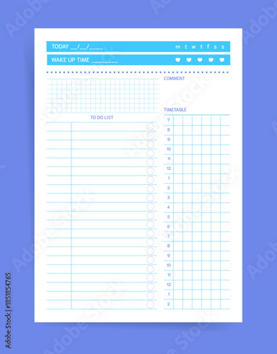 Daily planner template with wake up time header, weekday strip, habit hearts, long to do checklist, comment area and grid timetable section. Minimal blue vector printable page.