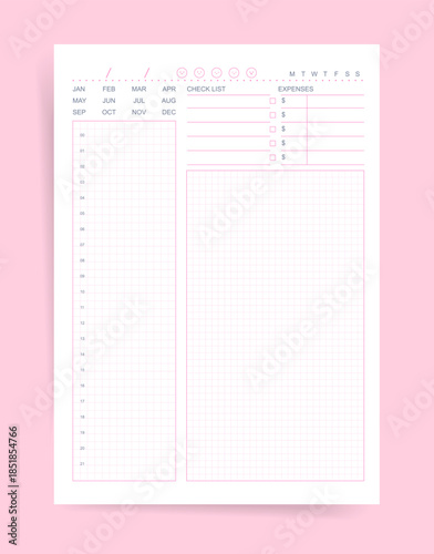 Daily planner template with checklist and expenses tracker, month labels and weekday strip, mood icons, hourly time grid and large dot grid notes area. Minimal pink vector printable layout.