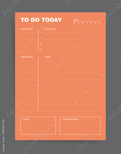 To Do Today planner template with completion tracker, priority list and tasks lines, date and weekday header, notes and for tomorrow boxes. Minimal orange vector printable page layout.