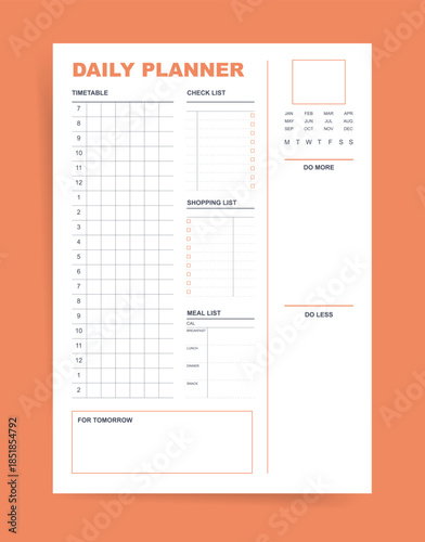 Daily planner template with timetable grid, check list, shopping and meal list sections, months calendar, do more do less motivation area, and for tomorrow box. Minimal orange printable vector page.