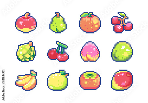 Pixel art fruit icons set in retro 8bit style. Vector pixelated pear, orange, cherry, custard apple, double cherry, peach, lime, banana, lemon, persimmon, apple, mango sprites for game UI, stickers.
