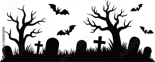 Isolated a black silhouette of a scary cemetery landscape with graves, crooked trees and flying bats - halloween themed seamless panorama vector art with white background.