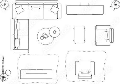 An architectural overhead view offers a meticulous blueprint of a contemporary living room arrangement, showcasing elegant furniture.