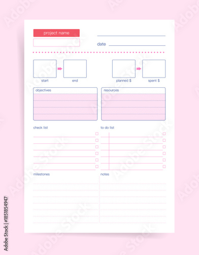 Project planner worksheet template with goals, objectives, resources, start and end dates, budget planned and spent, checklist, to do list, milestones and notes. Clean minimal vector layout.