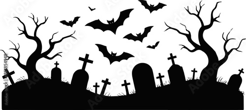 Isolated a black silhouette of a scary cemetery landscape with graves, crooked trees and flying bats - halloween themed seamless panorama vector art with white background.