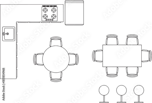 An overhead architectural outline of a modern kitchen, featuring essential components such as a stove, sink, and an arrangement of chairs, presenting a comprehensive blueprint.